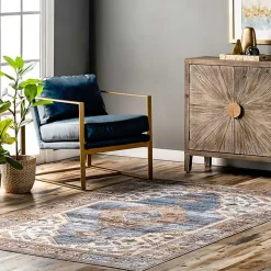 Blue Distressed Medallion Washable Area Rug, 8x10