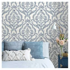 Blue Floral Damask Pattern Peel & Stick Wallpaper