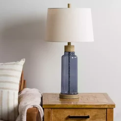 Blue Glass with Wood Trim Table Lamp