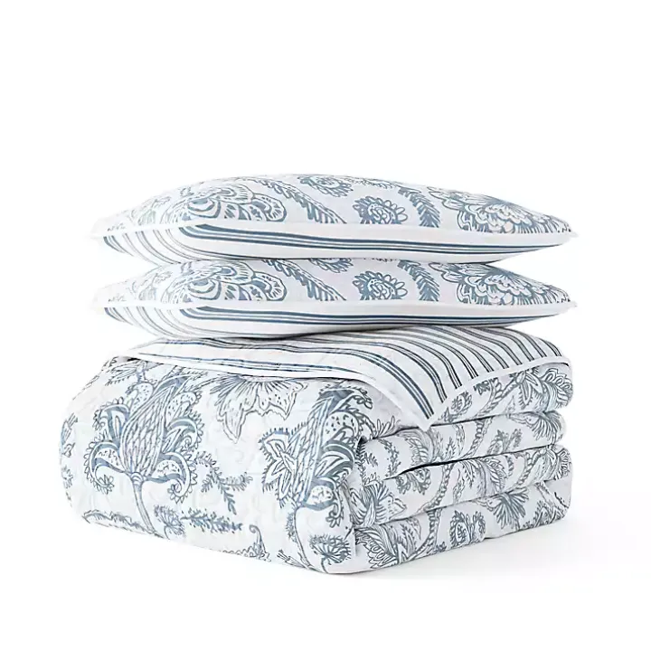 Blue Jacobean Reversible 3-pc. Queen Quilt Set