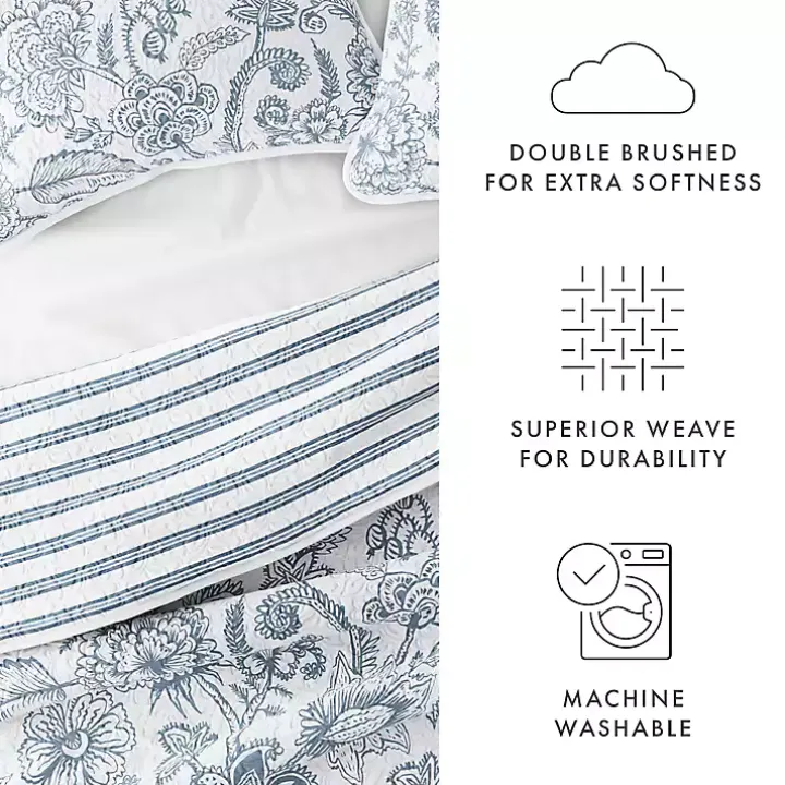 Blue Jacobean Reversible 3-pc. Queen Quilt Set