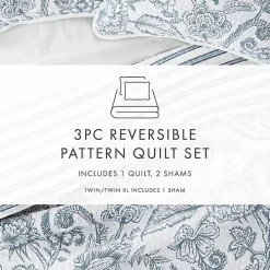 Blue Jacobean Reversible 3-pc. Queen Quilt Set