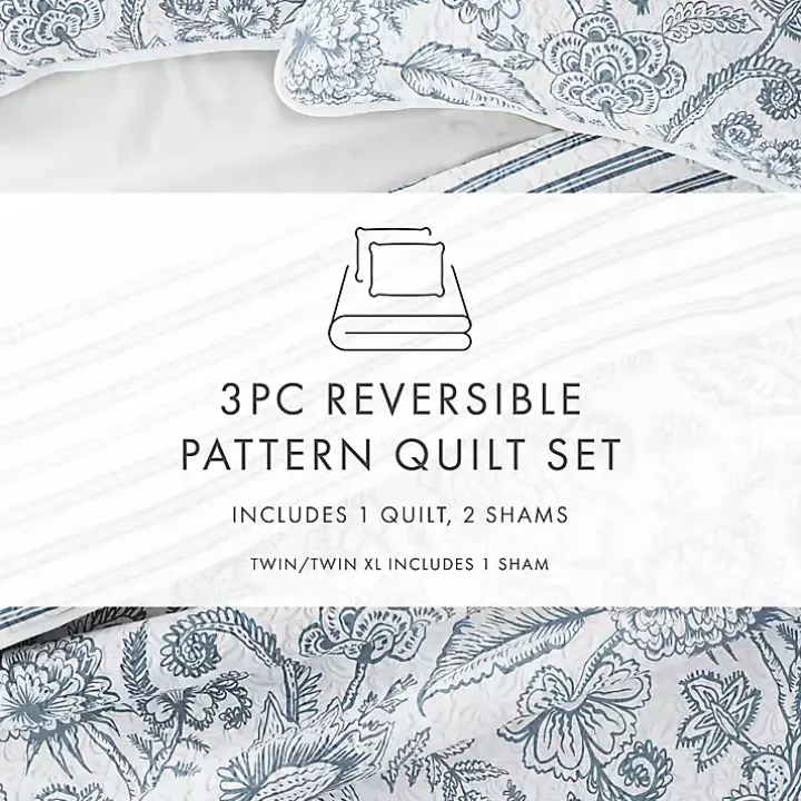 Blue Jacobean Reversible 3-pc. Queen Quilt Set