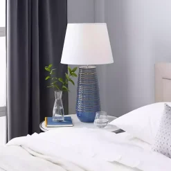 Blue Ribbed Stoneware Table Lamp