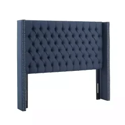 Blue Tufted Upholstered Metal Leg Queen Headboard