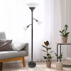 Bronze and White 3-Scallop Glass Floor Lamp