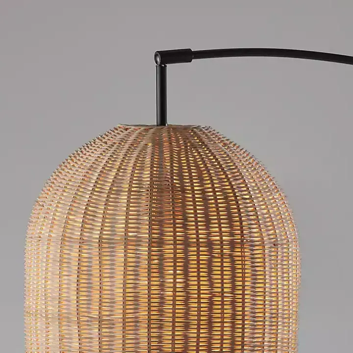 Bronze and Woven Rattan Arc Floor Lamp