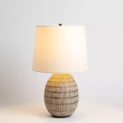 Brown and White Carved Ceramic Table Lamp