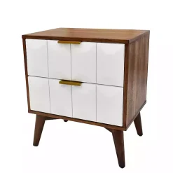 Brown and White Wood 2-Drawer Nightstand