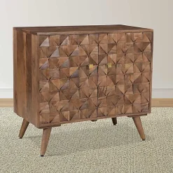 Brown Carved Wood Woven 2-Door Cabinet