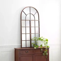 Brown Metal Arch Frame Windowpane Wall Mirror