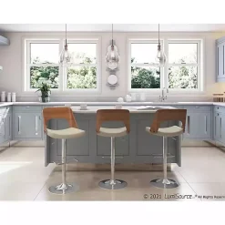 Cherry Wood and Ivory Leather Swivel Bar Stool