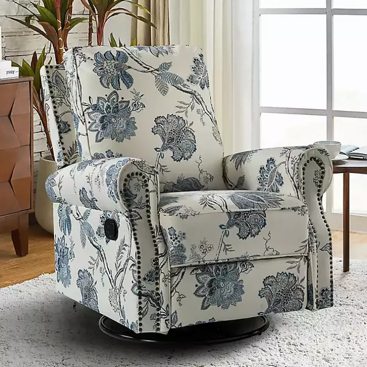 Cream and Blue Vintage Floral Rocking Recliner