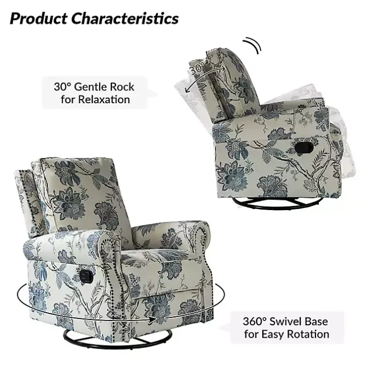 Cream and Blue Vintage Floral Rocking Recliner