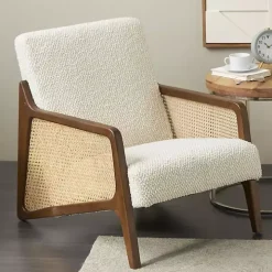 Cream Boucle & Rattan Accent Chair