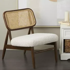 Cream Boucle & Rounded Rattan Back Accent Chair