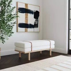 Cream Boucle Brown Faux Leather Bench