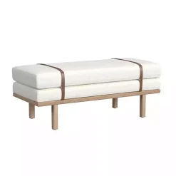 Cream Boucle Brown Faux Leather Bench