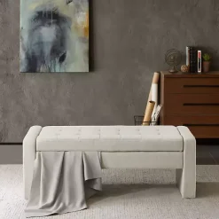 Cream Button Tufted Upholstered Storage Bench