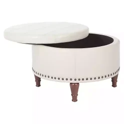 Cream Leather Antique Nailhead Storage Ottoman
