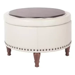 Cream Leather Antique Nailhead Storage Ottoman