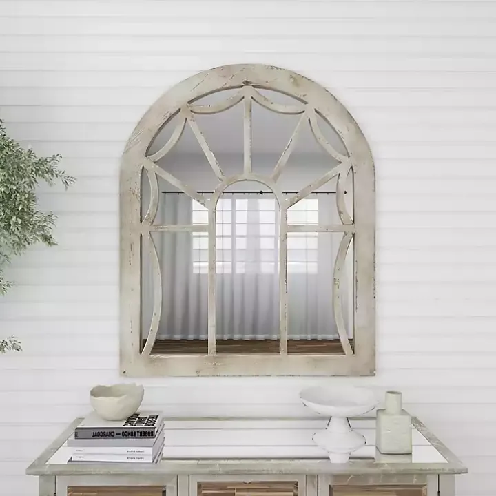 Cream Vintage Fir Wood Arch Framed Mirror