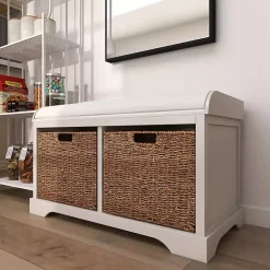 Cream Wood Bench with Storage Baskets
