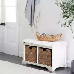 Cream Wood Bench with Storage Baskets