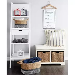 Cream Wood Bench with Storage Baskets