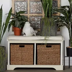 Cream Wood Bench with Storage Baskets
