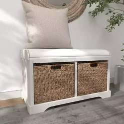 Cream Wood Bench with Storage Baskets