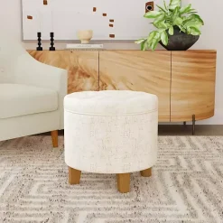 Cream Woven Upholstered Tufted Storage Ottoman