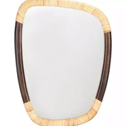 Dark Wood and Natural Cane Abstract Wall Mirror