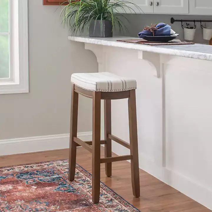 Dark Wood Bar Stool with Gray Striped Cushion
