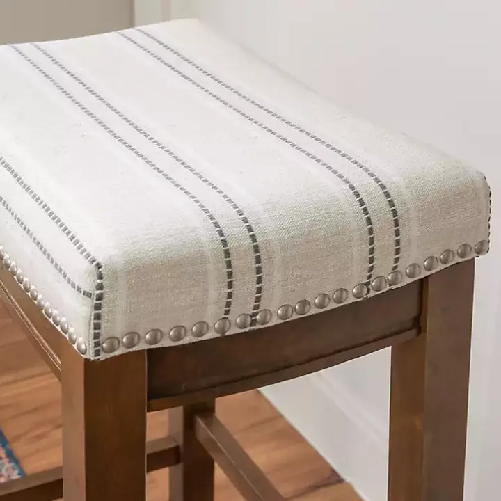 Dark Wood Bar Stool with Gray Striped Cushion