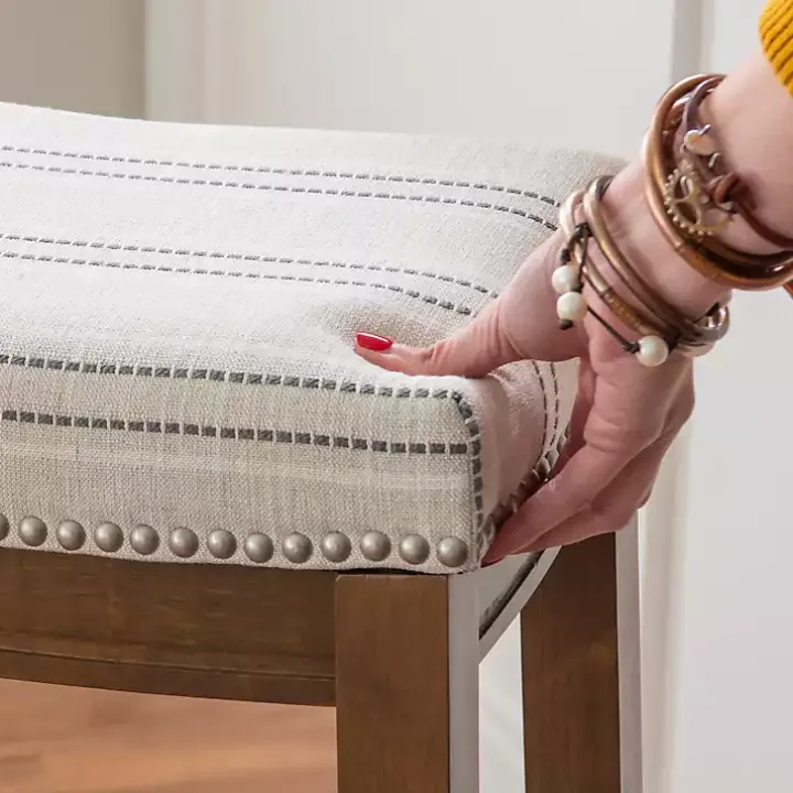 Dark Wood Bar Stool with Gray Striped Cushion