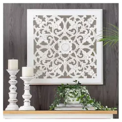 Distressed Cream Carved Floral Medallion Mirror