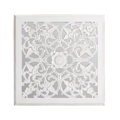 Distressed Cream Carved Floral Medallion Mirror