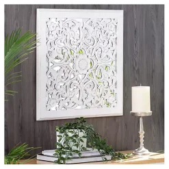 Distressed Cream Carved Floral Medallion Mirror