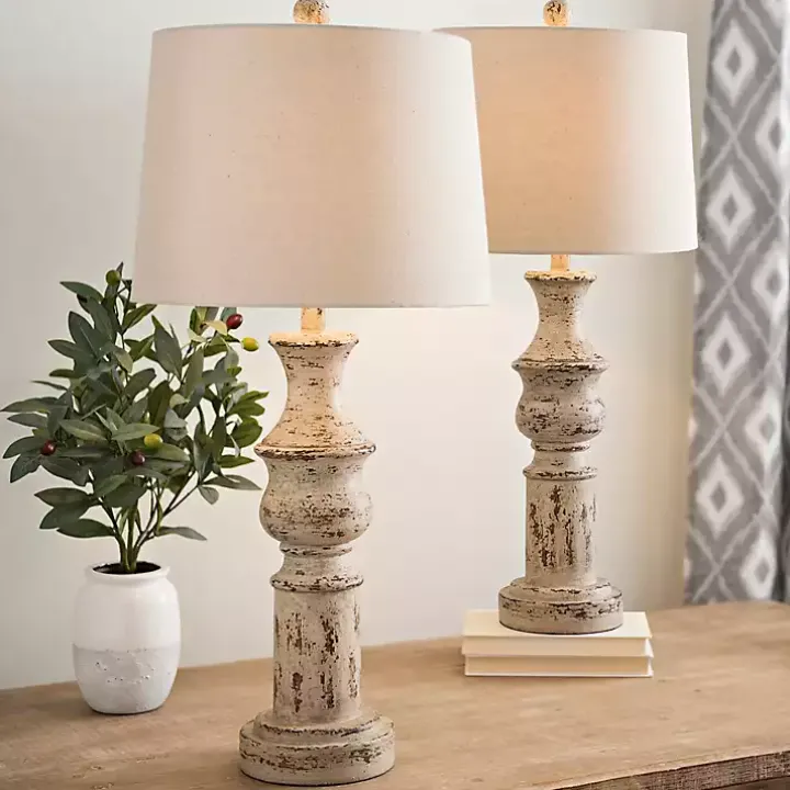 Distressed Cream Table Lamps, Set of 2