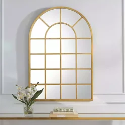Gold Leaf Metal Windowpane Arch Frame Mirror