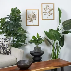 Gold Metal Leaves Framed Wall Plaques, Set of 2