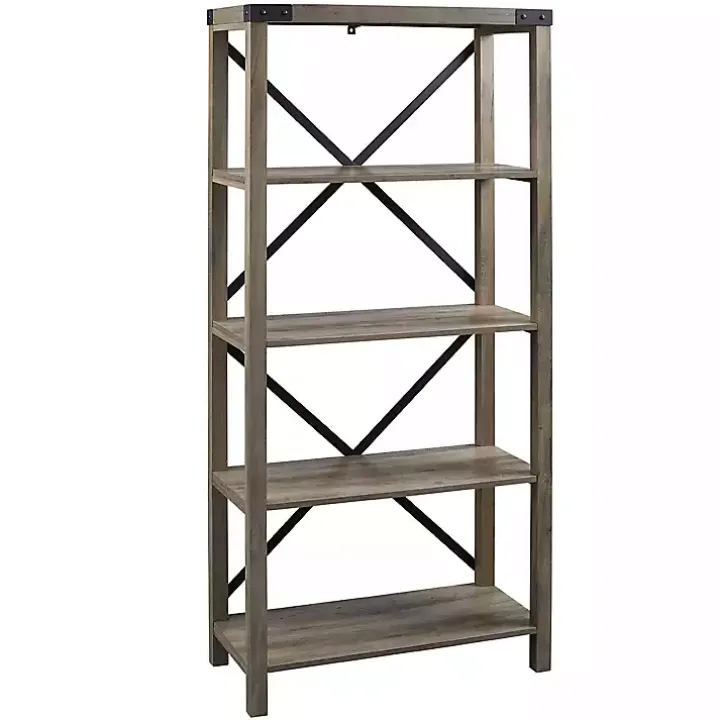 Gray Wash Metal X Frame Back Bookshelf
