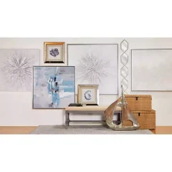 Gray Wood Upholstered Burlap Seat Bench