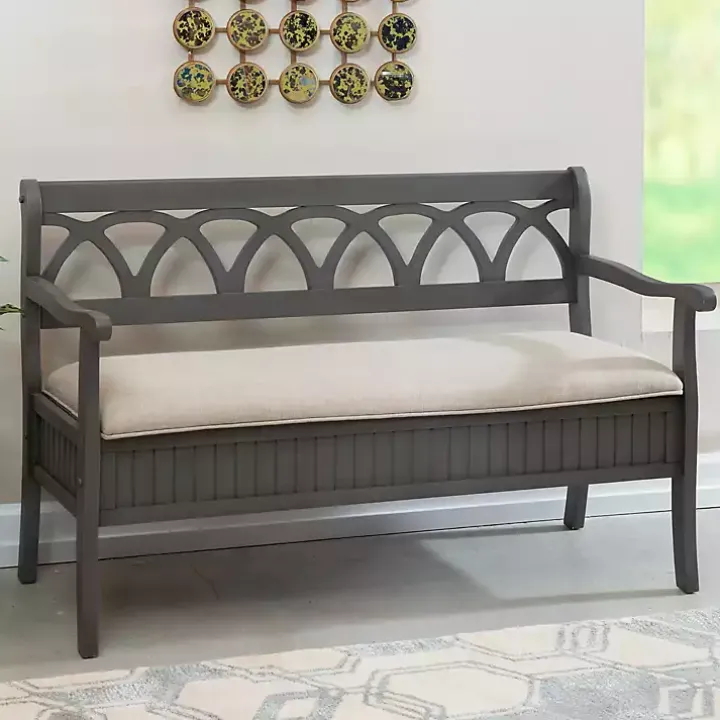 Gray Wood Upholstered Storage Bench