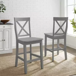 Gray Wood X-Back Counter Stools, Set of 2