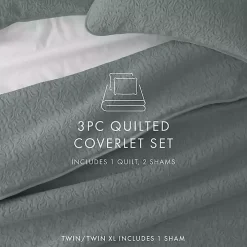 Green Stitched Floral 3-pc. Queen Quilt Set