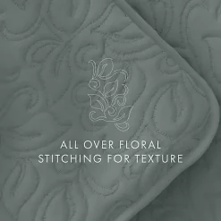 Green Stitched Floral 3-pc. Queen Quilt Set