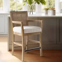 Ivory Upholstered Cane Backrest Counter Stool