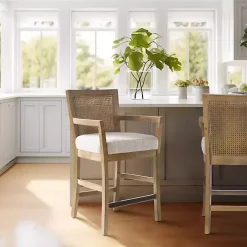 Ivory Upholstered Cane Backrest Counter Stool